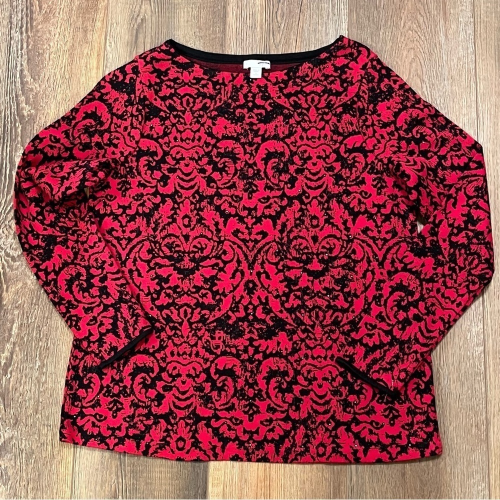 J Jill Damask Red Black Long Sleeve Sweater Petites S‎ Rhinestones Christmas